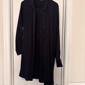 Navy Blue 100 % Silk button -Up Long Shirt Dress ( missing belt )
